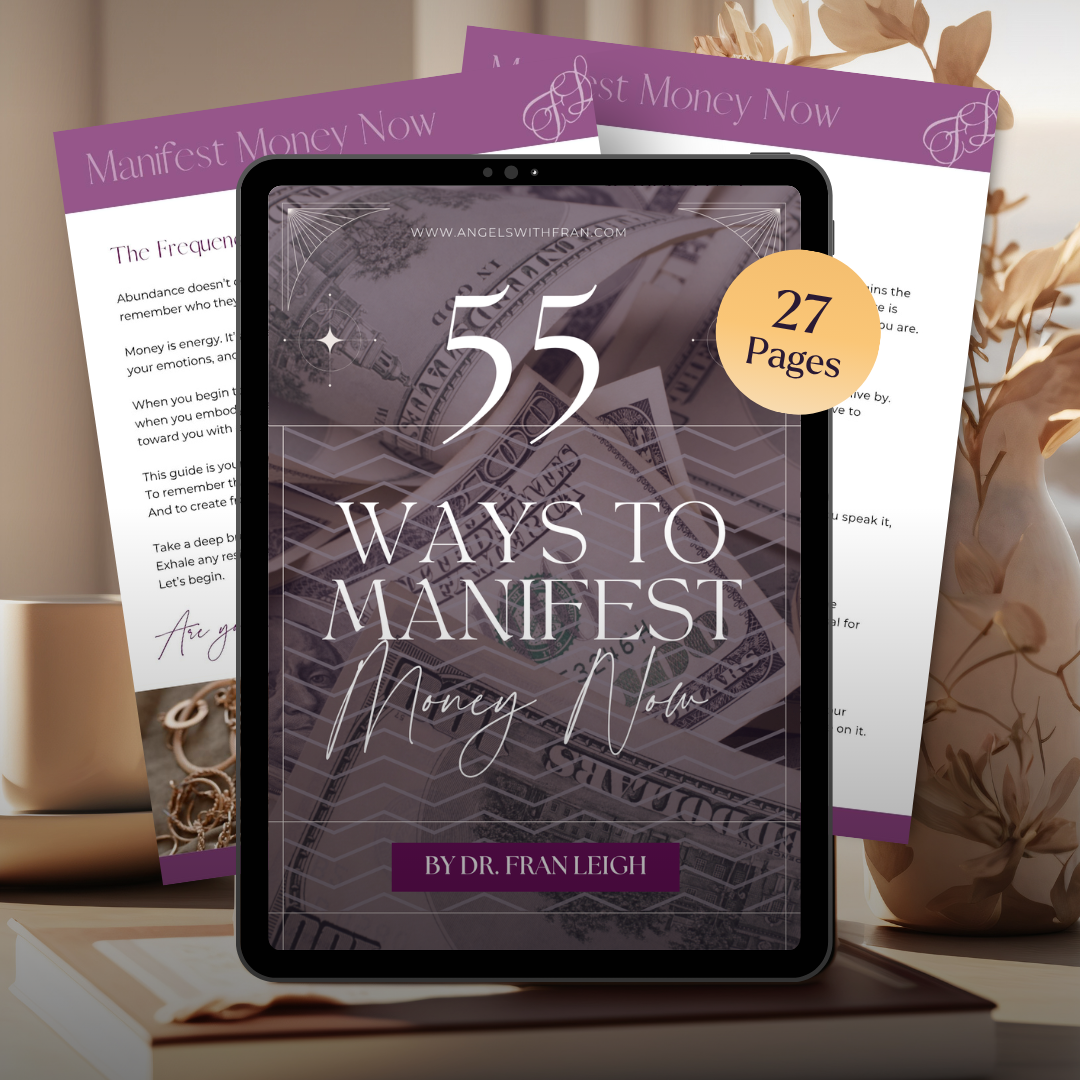 Tablet displaying '55 Ways to Manifest Money Now' book cover with open pages in the background