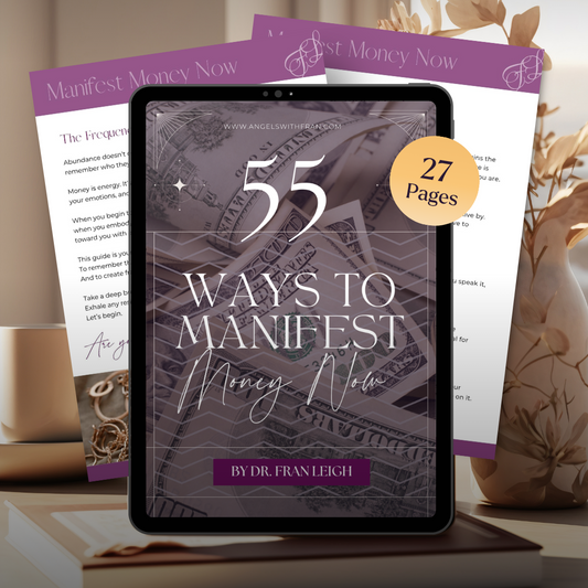 Tablet displaying '55 Ways to Manifest Money Now' book cover with open pages in the background
